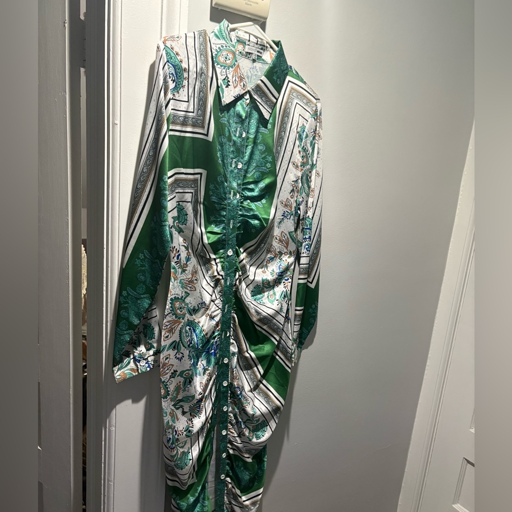 Green and White Ruched Button-Down Dress